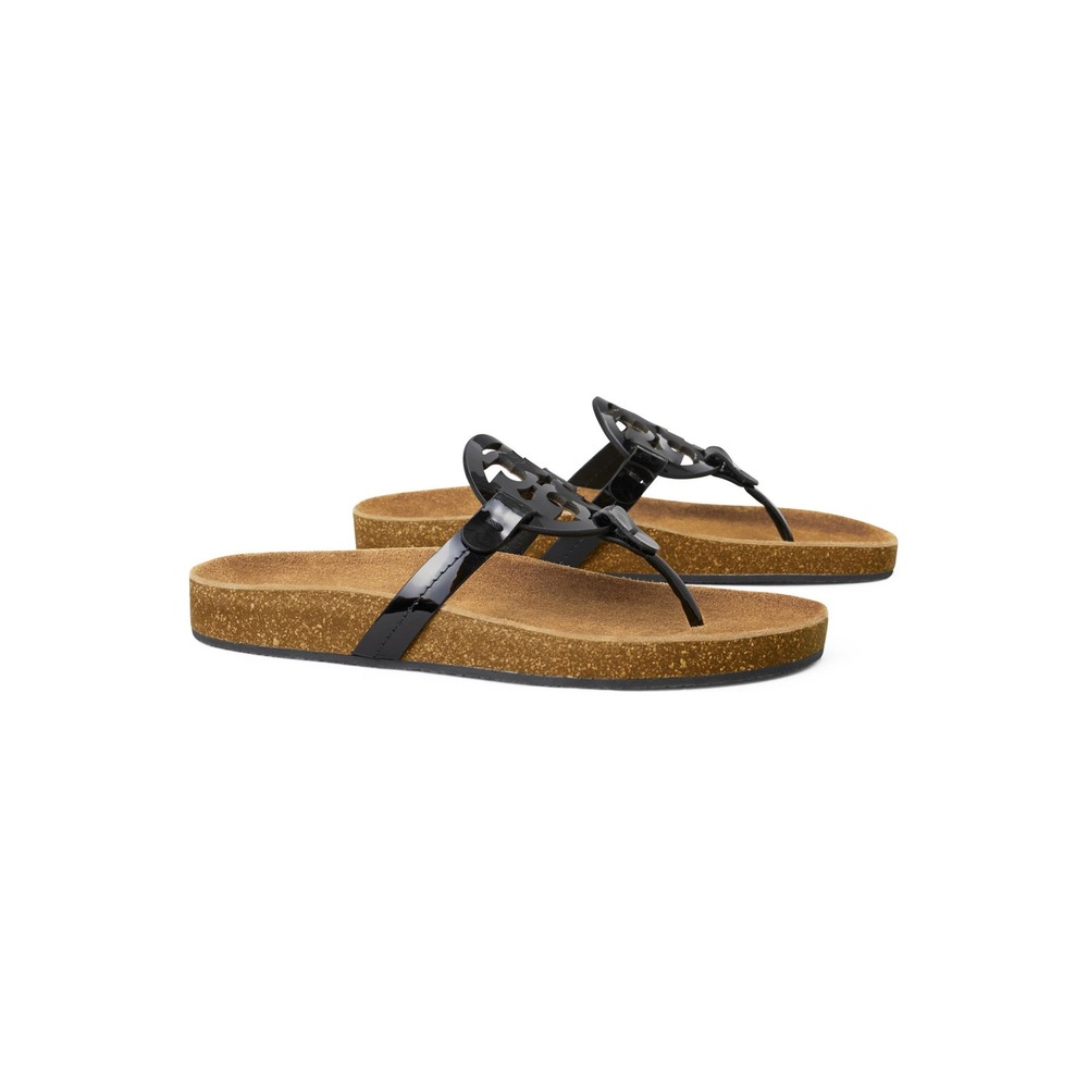 Tory Burch Miller Cloud Sandals Black Patent Leather Cork Size 6.5‎
